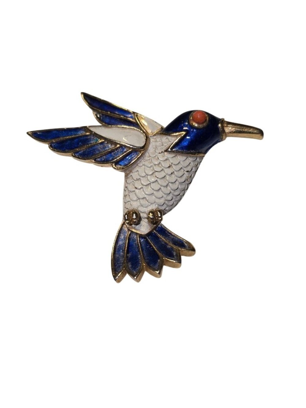 Vintage 80s Trifari Blue White Enamel Hummingbird Red Eye Cabochan Bird Brooch